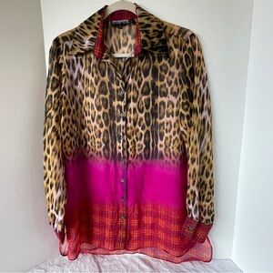 Mishca Animal Print Pink Plaid Button Front Blouse Top Lightweight Size M